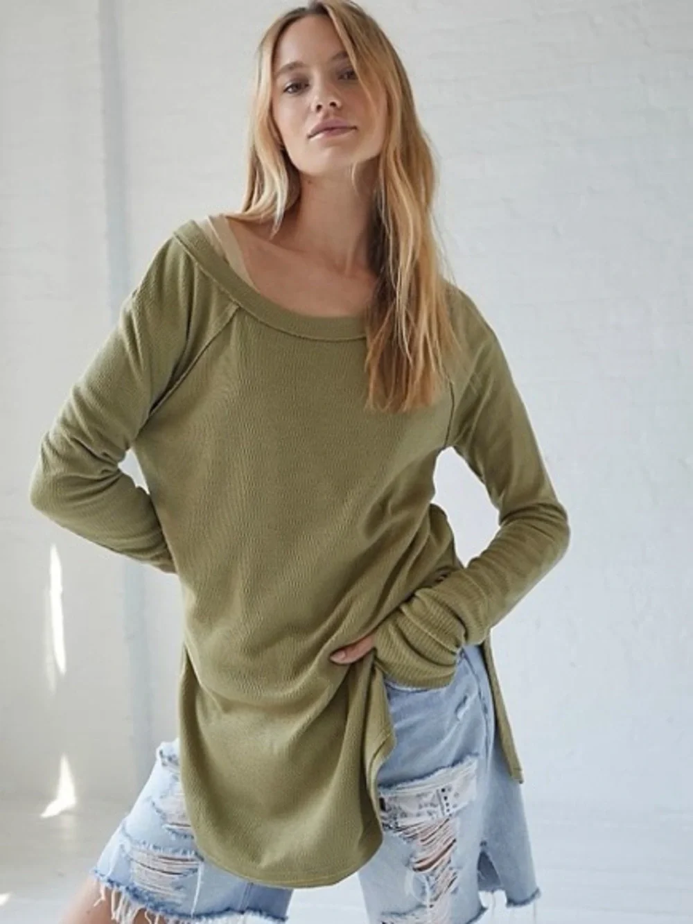 Free People Oversized Olive Green Sunstone Snowy Thermal Sz L